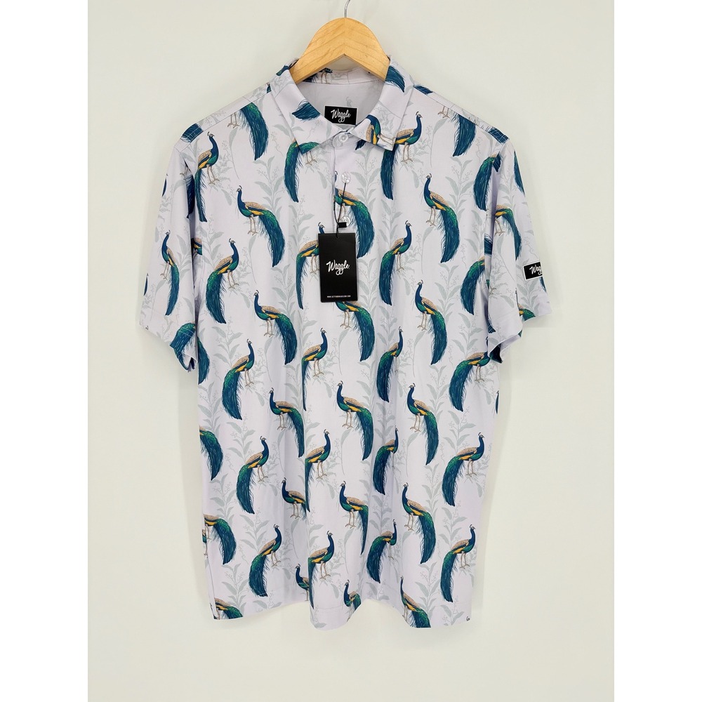 Waggle Peacocking Polo Men Large White Blue Peacock Print Golf Performance Shirt - Picture 3 of 8